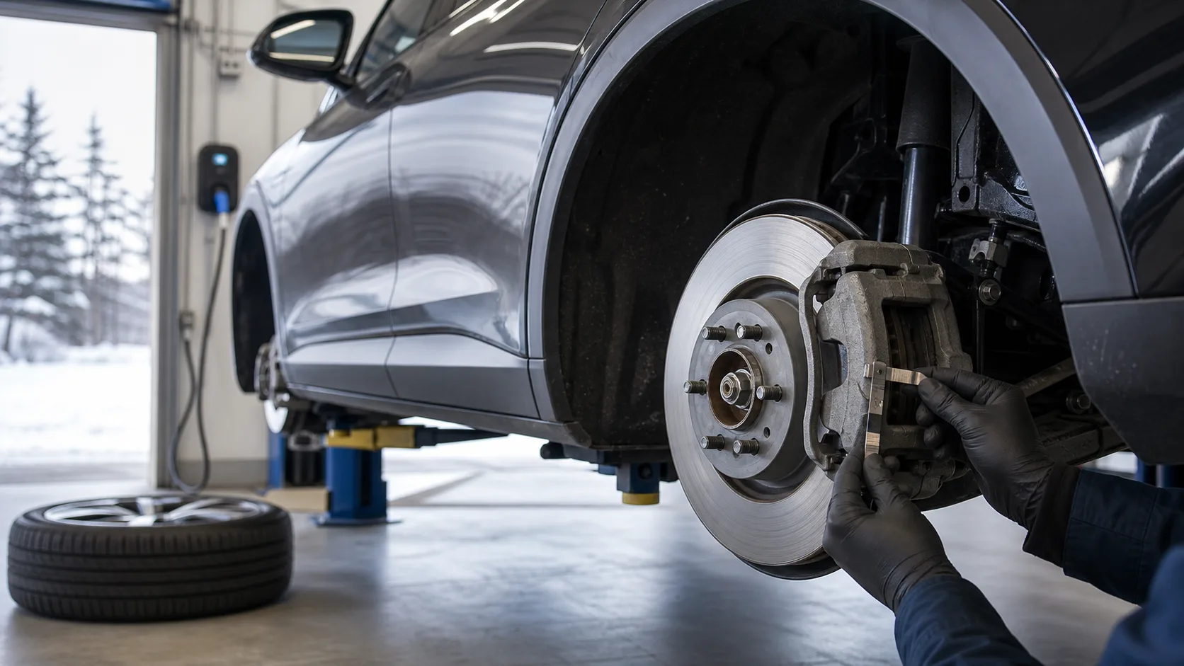 Technician measuring brake hardware on an electric vehicle in a snowy Alberta service bay